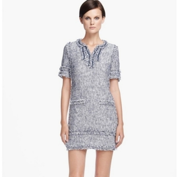 McGinn "Sandy" Chic Tweed Short Sleeve Fringe Neck Frayed Hem Panel Mini Dress 8 - Picture 2 of 8